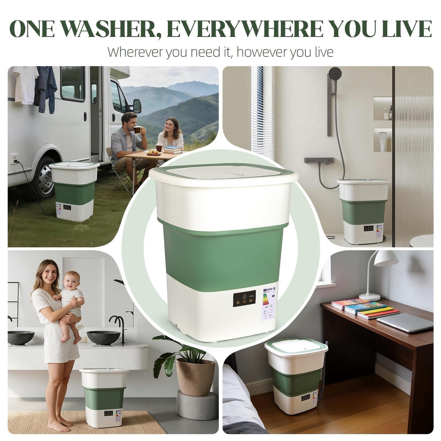 LovHomdecr Portable Washing Machine, 1.8 Cu.Ft Large Capacity Foldable Washer with Spin Basket & 150W Motor, Timer Control for Apartment, RV, Camping & Travel – No Laundry Room Needed (White Green)