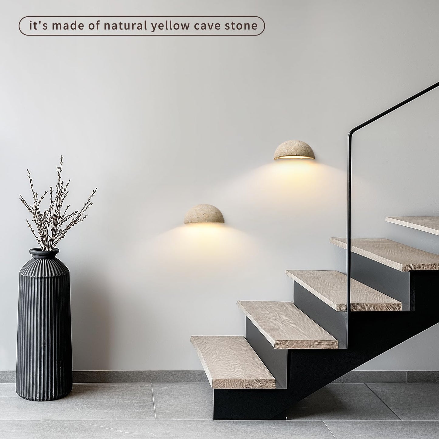 Wabi-Sabi Art Lighting Fixture Nordic Modern Marble Wall Sconce, Half Moon Semi Circle Yellow Travertine Wall Lamp,Japanese Style Natural Stone Bedside Wall Light for Bedroom, Foyer, Entryway,Stairs