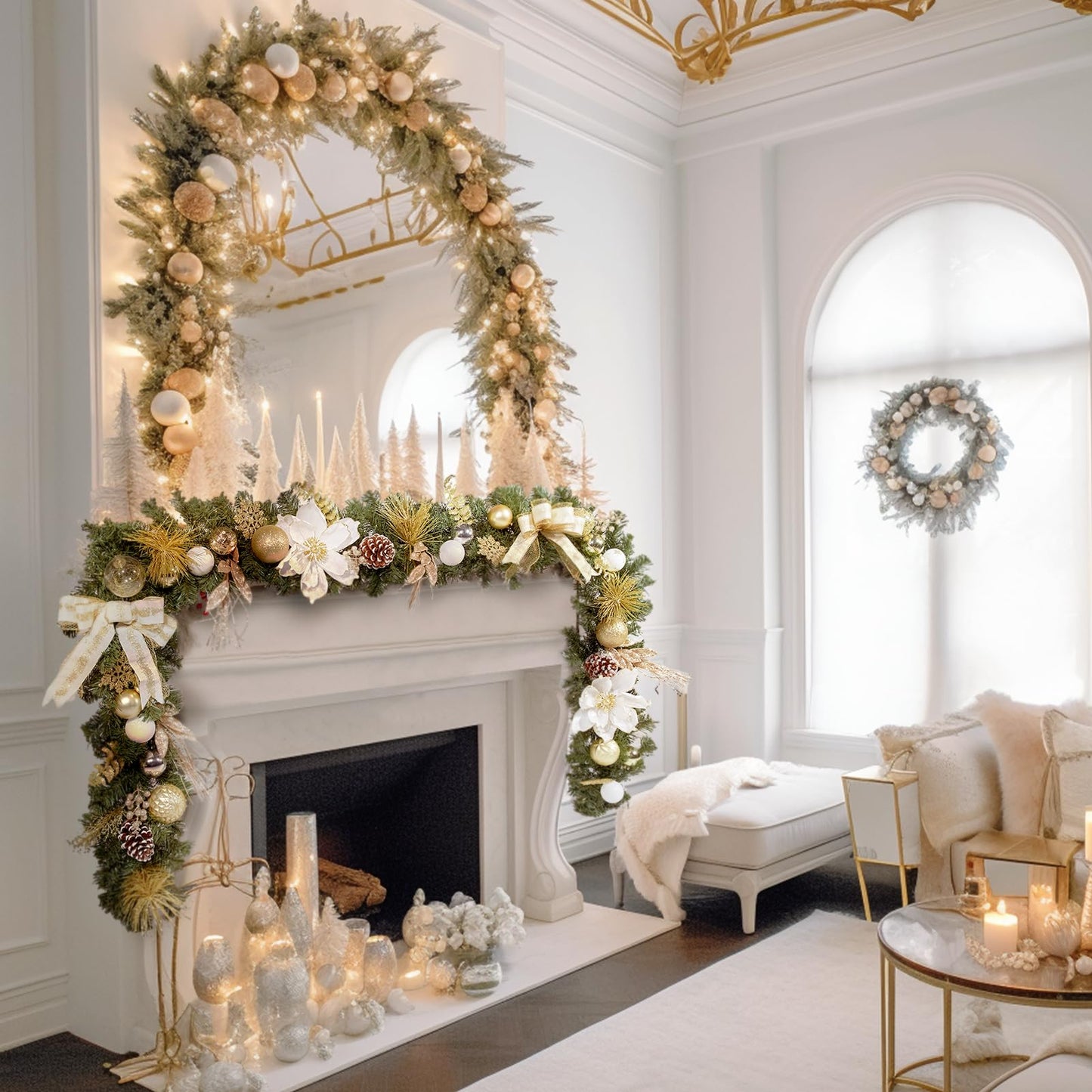 WBHome Pre-lit 6 Feet/72 Inch Christmas Garland, White & Gold Lighted Garland with 35 LED Lights for Indoor Outdoor Xmas Decor Holiday Decorations, Battery Operated (Batteries NOT Included)