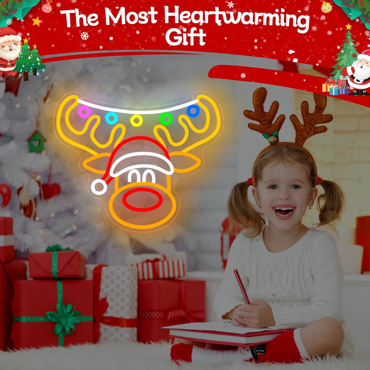Dpaint Christmas Reindeer Neon Sign for Wall Decor Elk Neon Light Dimmable Christmas Elk Light Up Sign Led Reindeer Decoration for Gifts