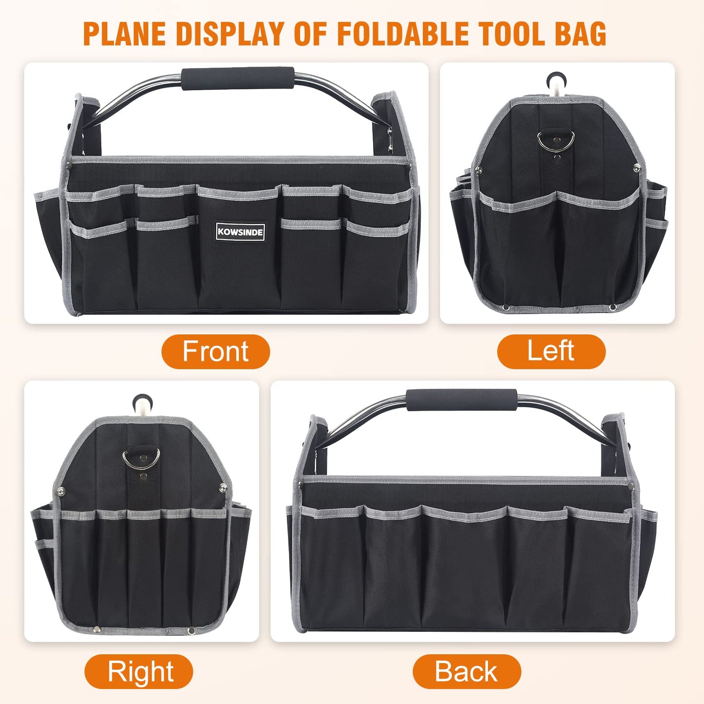 Kowsinde 16 Inch Tool Bag, Electrician Tool Bag, Open Top Tool Bags, 26 Pockets Can Hold Many Tools, Steel Handle and Removable Shoulder Strap