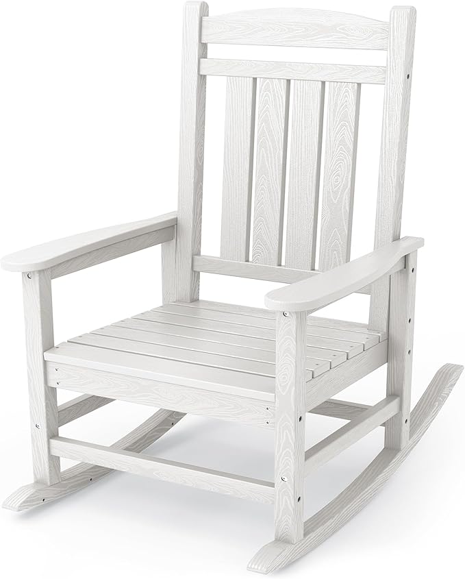 KINGYES HDPE Outdoor Rocking Chair, Widened Seat Patio Rocking Chair, Oversized All Weather Patio Rocker, White