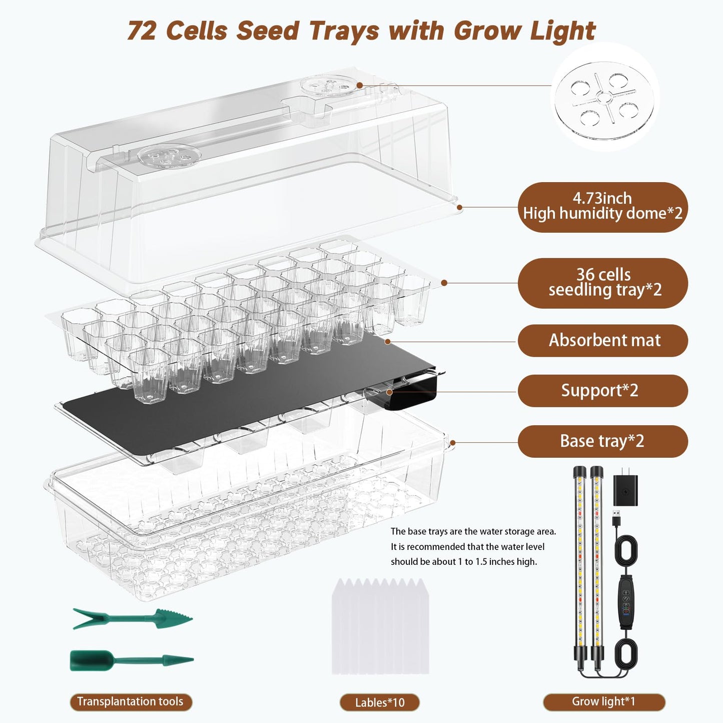 72 Cells Seed Starter Tray Self Watering, Seed Starter Kit with Grow Light, Full Spectrum with 5 Dimmable Brightness & Timer, Indoor Plant Grow Tray for Beginners & Seasoned Gardeners, Gardening Gifts
