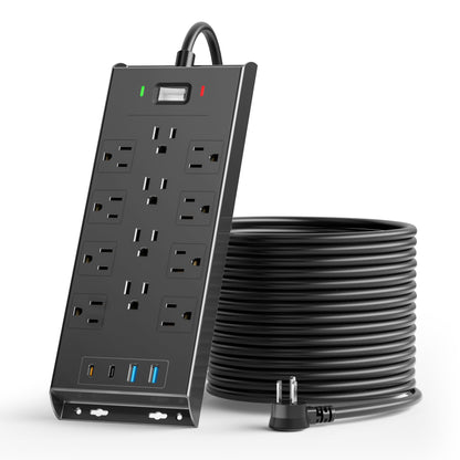 Surge Protector Power Strip 4800J, LeZone 10Ft Long Extension Cord Flat Plug, 12 Outlets 2 USB C 2 USB Ports, Wall Mountable, 20W Desk Charging Station, Black