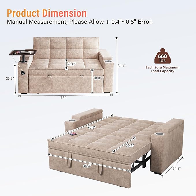 65'' 3-in-1 Convertible Sofa Bed