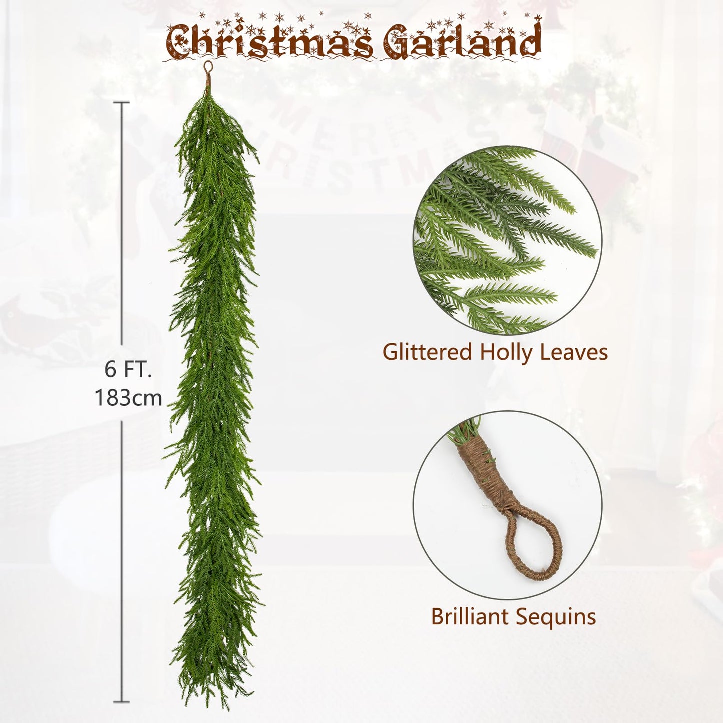 Hollyone 6FT Norfolk Pine Garland Real Touch Winter Pine Garland Faux Christmas Garlands Artificial Greenery Plant for Table Fireplace Mantle Wall Indoor Outdoor Mantle Holiday Christmas Home Decor