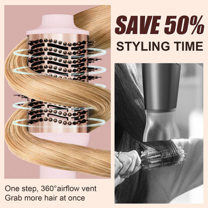 110-240V Travel Brush Hair Dryer, Small Hair Straightener Brush with European Plug Adapter for International Travel, 4 in 1 Hot Air Styler & Dryer for Drying Straightening Curling Volumizing