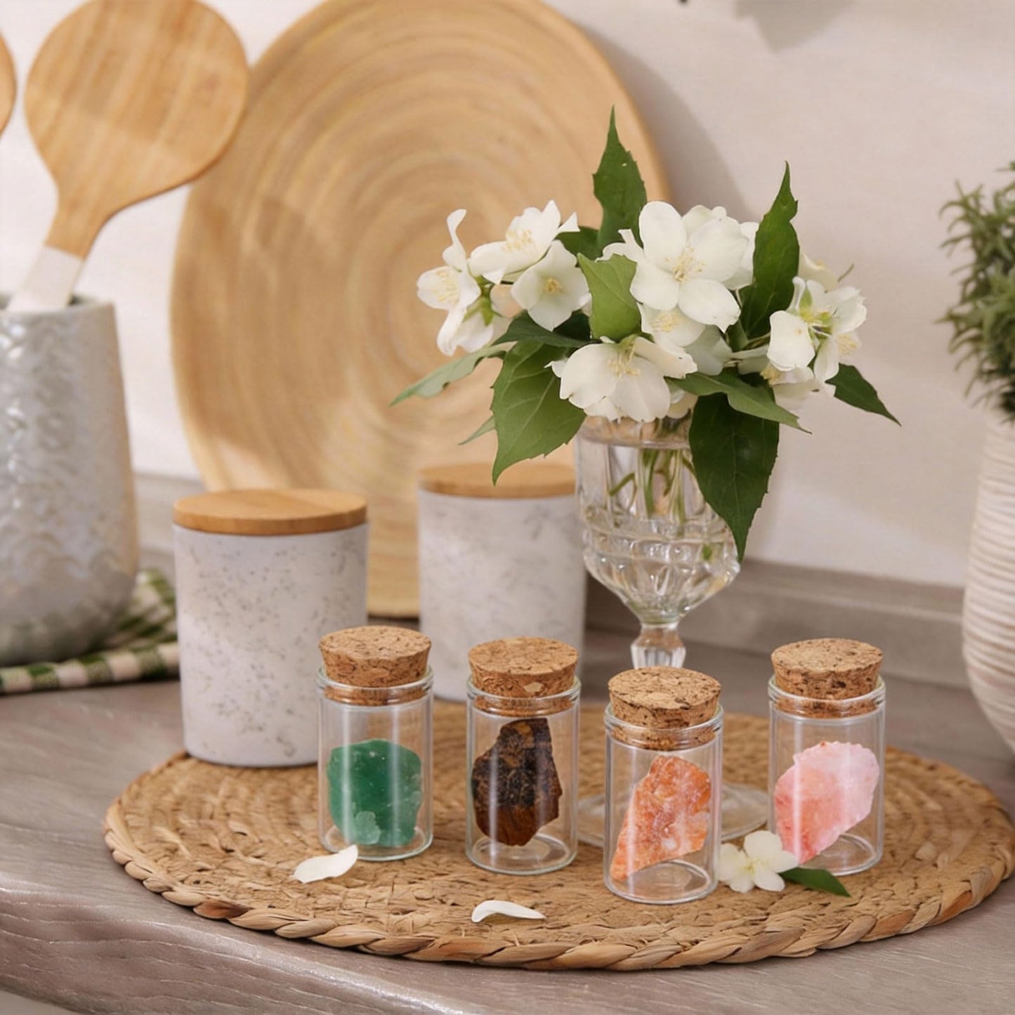uxcell 2Pcs Crystal Gemstone Bottles, Natural Crystal Stone Bulk with Glass Display Jar Mini Stuff Collectible Adornments for Home Office Centerpiece Collection Gift, White/Purple