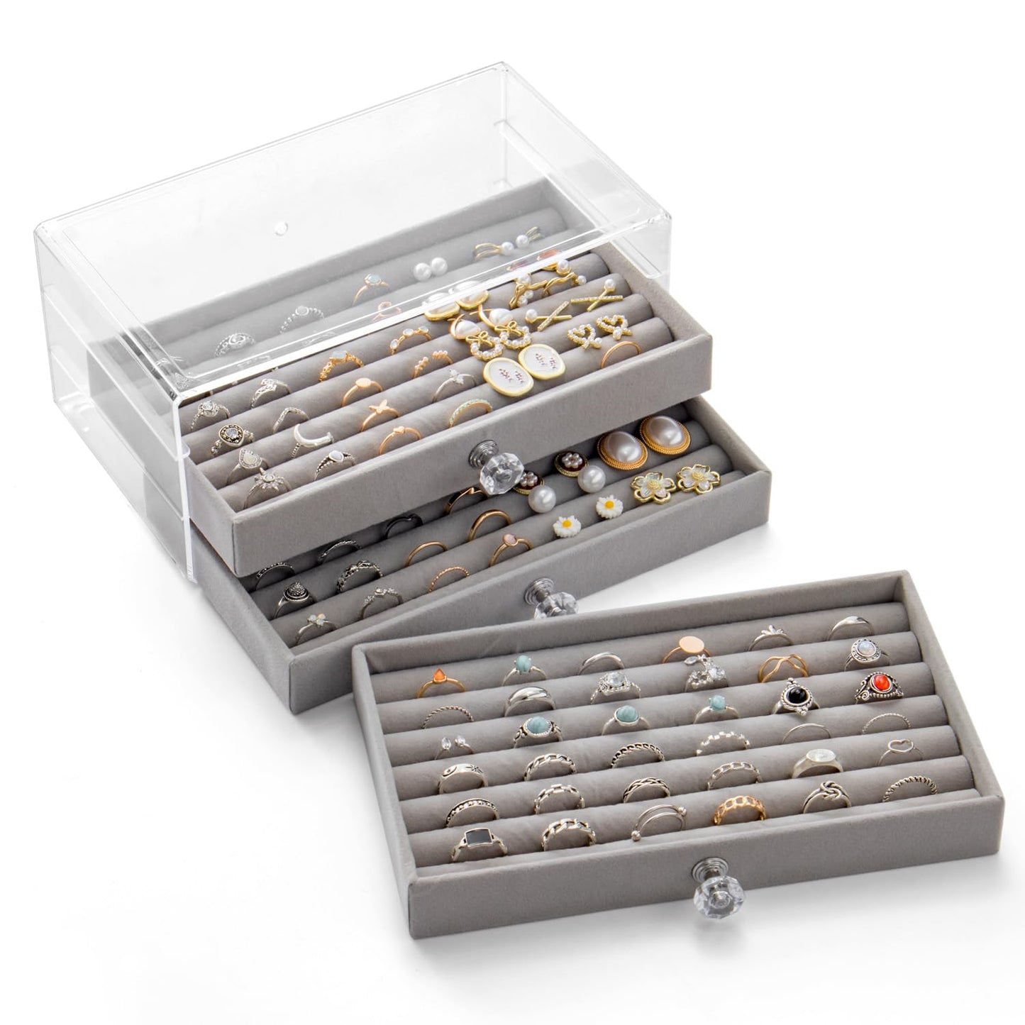 SPAKOWN Ring Box Display Holder, Clear Velvet Jewelry Storage Tray Organizer for Ring Stud Earring (Grey - 3 Drawers)