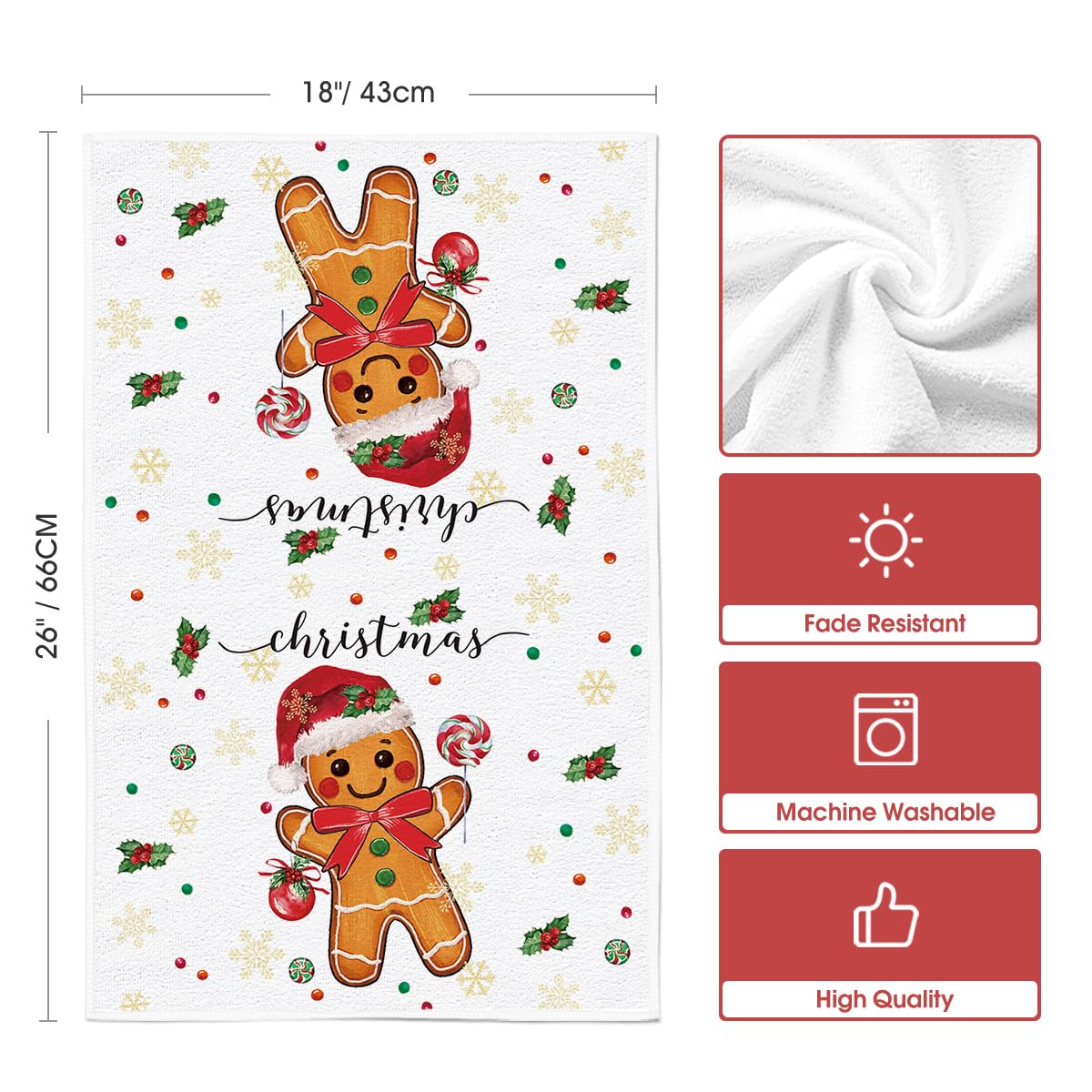 Artoid Mode Gingerbread Candy Merry Christmas Kitchen Towels Dish Towels, 18x26 Inch Holiday Holly Xmas Ball Winter Decoration Hand Towels Set of 4