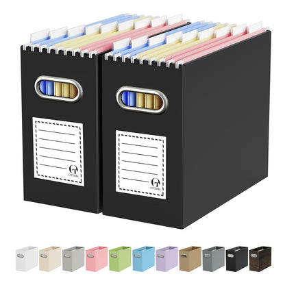 Oterri File Organizer Box, Portable Collapsible Cardboard File Folder Organizer with Handle for Letter Size Hanging Files, Document Storage Box for Home Office & Classroom (2 Packs, Black)