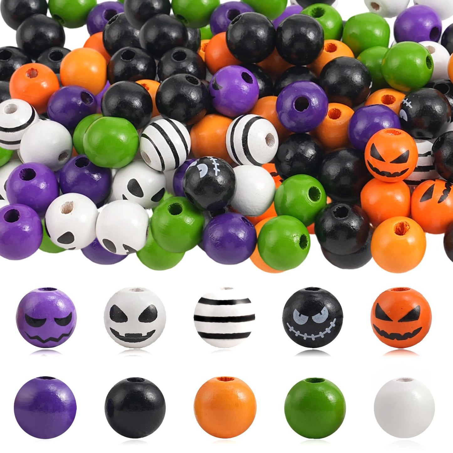 200 Pcs Halloween Wooden Beads Round Loose Beads for Craft Spacer Bead with Twine for Party Tiered Tray Garland Farmhouse Garden DIY Decor