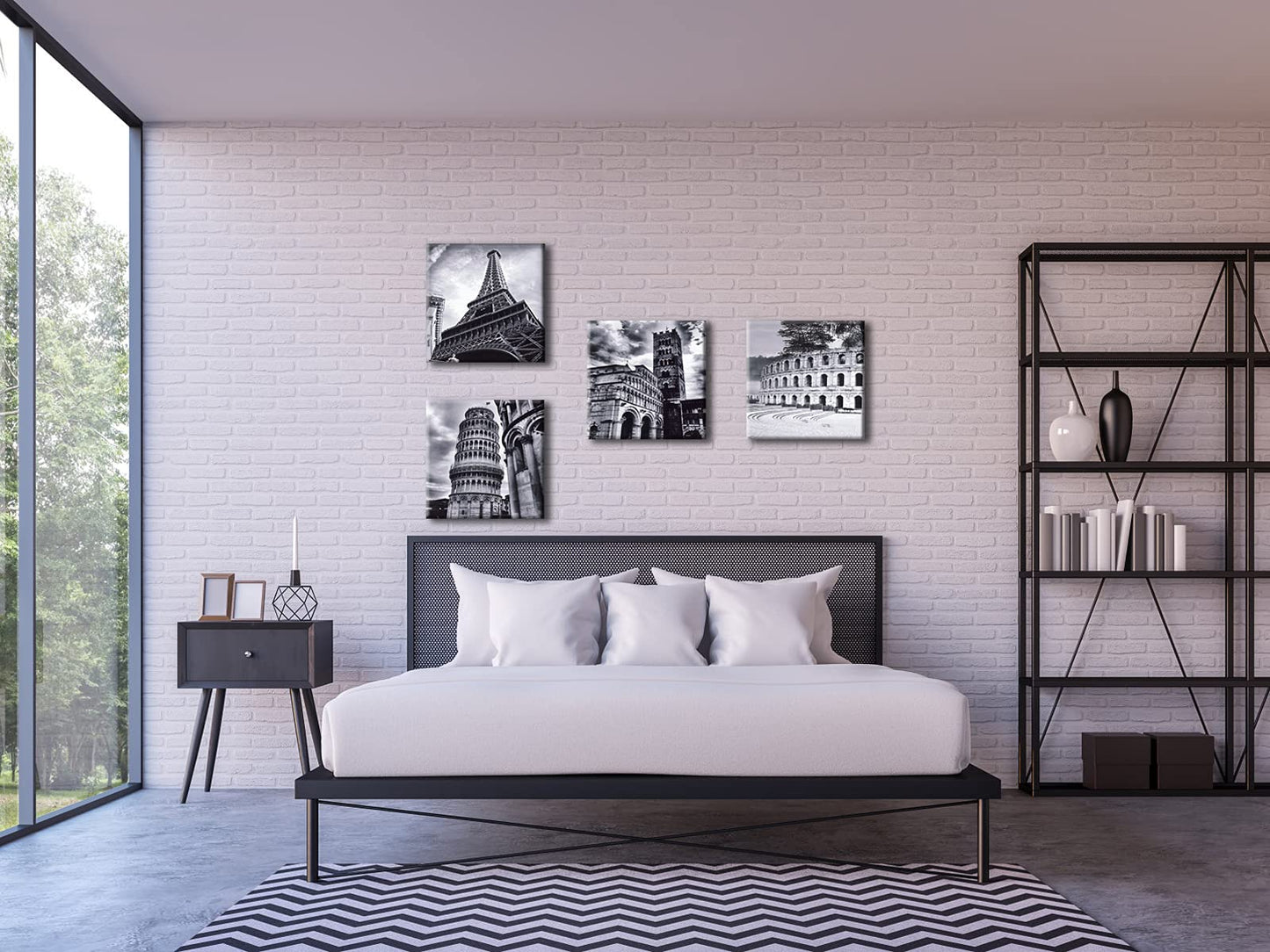 Wieco Art Architectures Modern 4 Panels Giclee Canvas Prints Europe Buildings Black and White Landscape Pictures Paintings on Canvas Wall Art Ready to Hang for Bedroom Home Office Decorations
