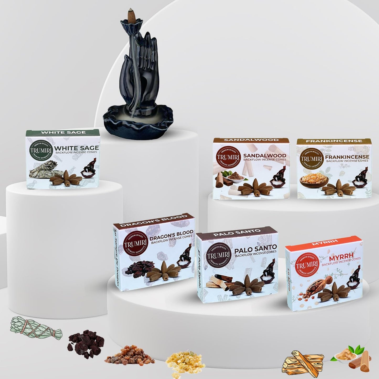 Woody - Backflow Incense Cones for Waterfall - Scented Inscents-Cones - Sandalwood, Dragons Blood, Palo Santo, White Sage - Insiensos Aromaticos - 6x10=60 Large Variety Pack - Back Flow Down Reverse