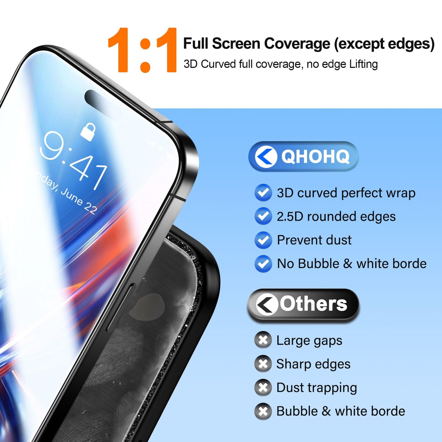 QHOHQ 3 Pack Screen Protector for iPhone 14 / iPhone 13 [6.1 Inch] with 3 Pack Tempered Glass Camera Lens Protector, Ultra HD, 9H Hardness,Case Friendly