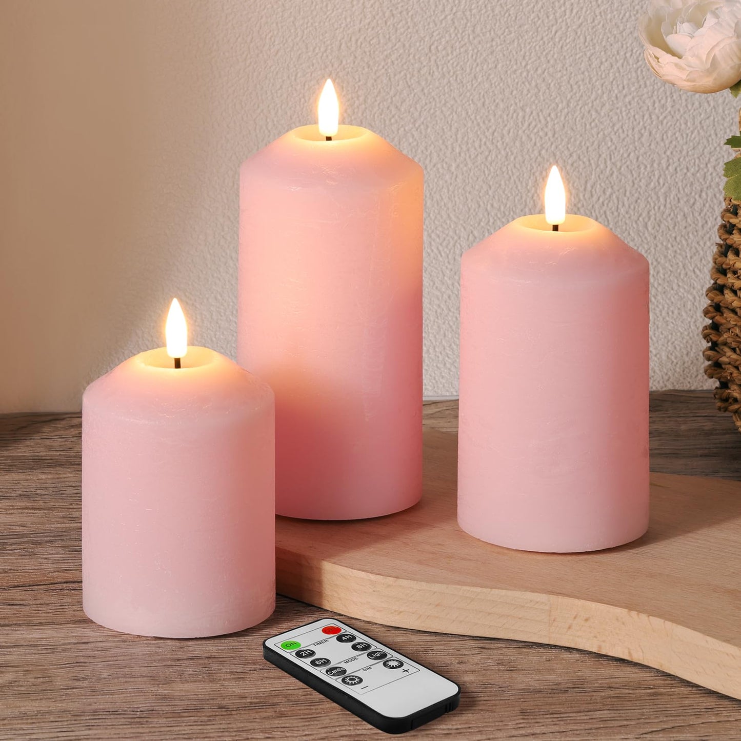 Girimax Pink Flameless Pillar Candles with Remote, Real Wax LED Candles Battery Powered Flickering Set of 3