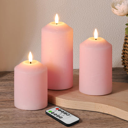 Girimax Pink Flameless Pillar Candles with Remote, Real Wax LED Candles Battery Powered Flickering Set of 3