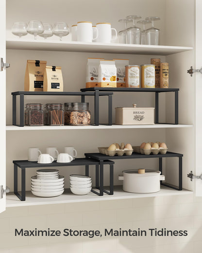 SONGMICS Cabinet Organizer Shelf, Set of 4 Kitchen Counter Shelves, Kitchen Storage, Spice Rack, Stackable, Expandable, Metal and Engineered Wood, Cloud White and Natural Beige UKCS010N01