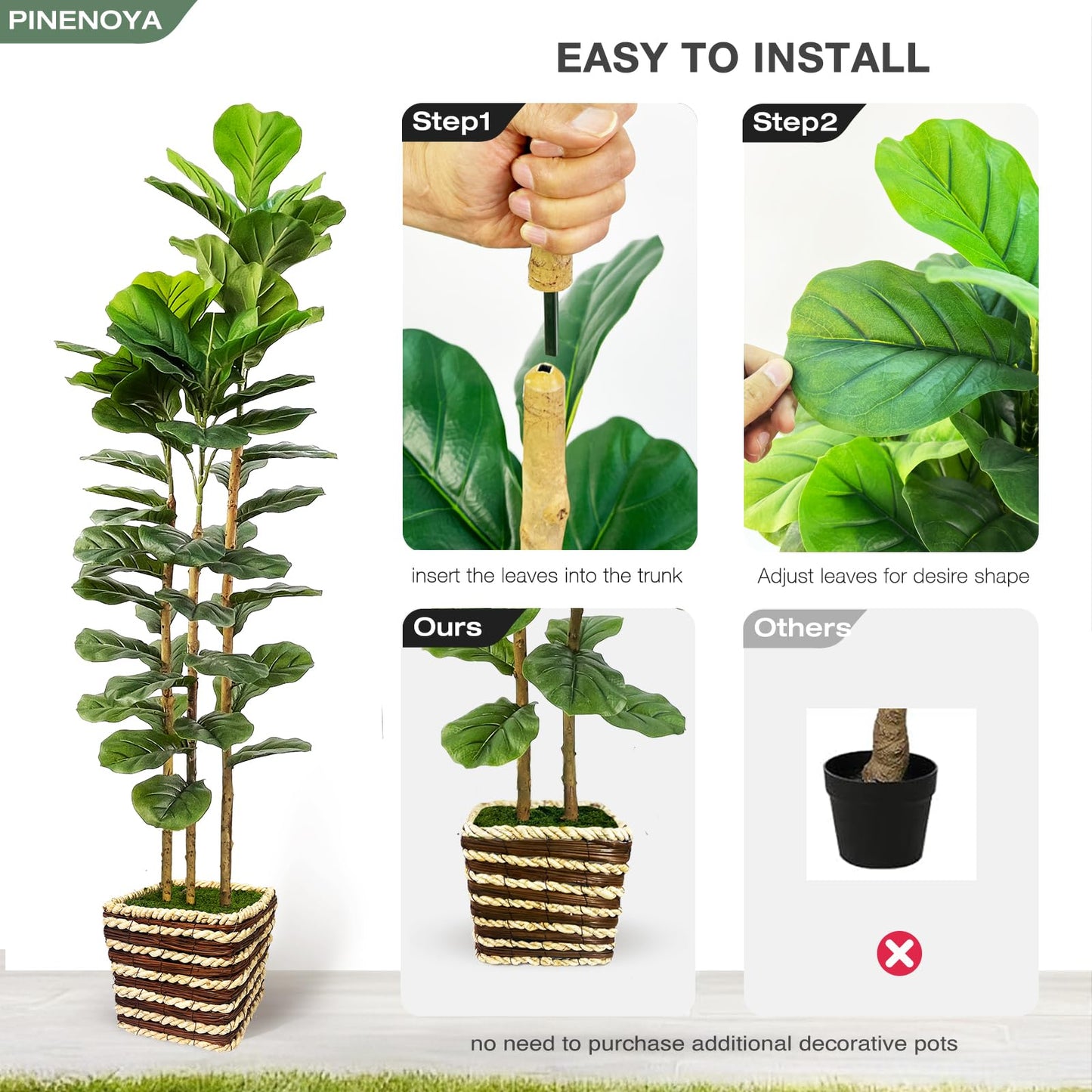 Artificial Fiddle Leaf Fig Tree Indoor with Woven Basket - 5ft Tall Fake Tree with Real-Wood Trunk,Faux Plants for Living Rooms, Offices, Kitchens & Outdoor Spaces (Square Basket)