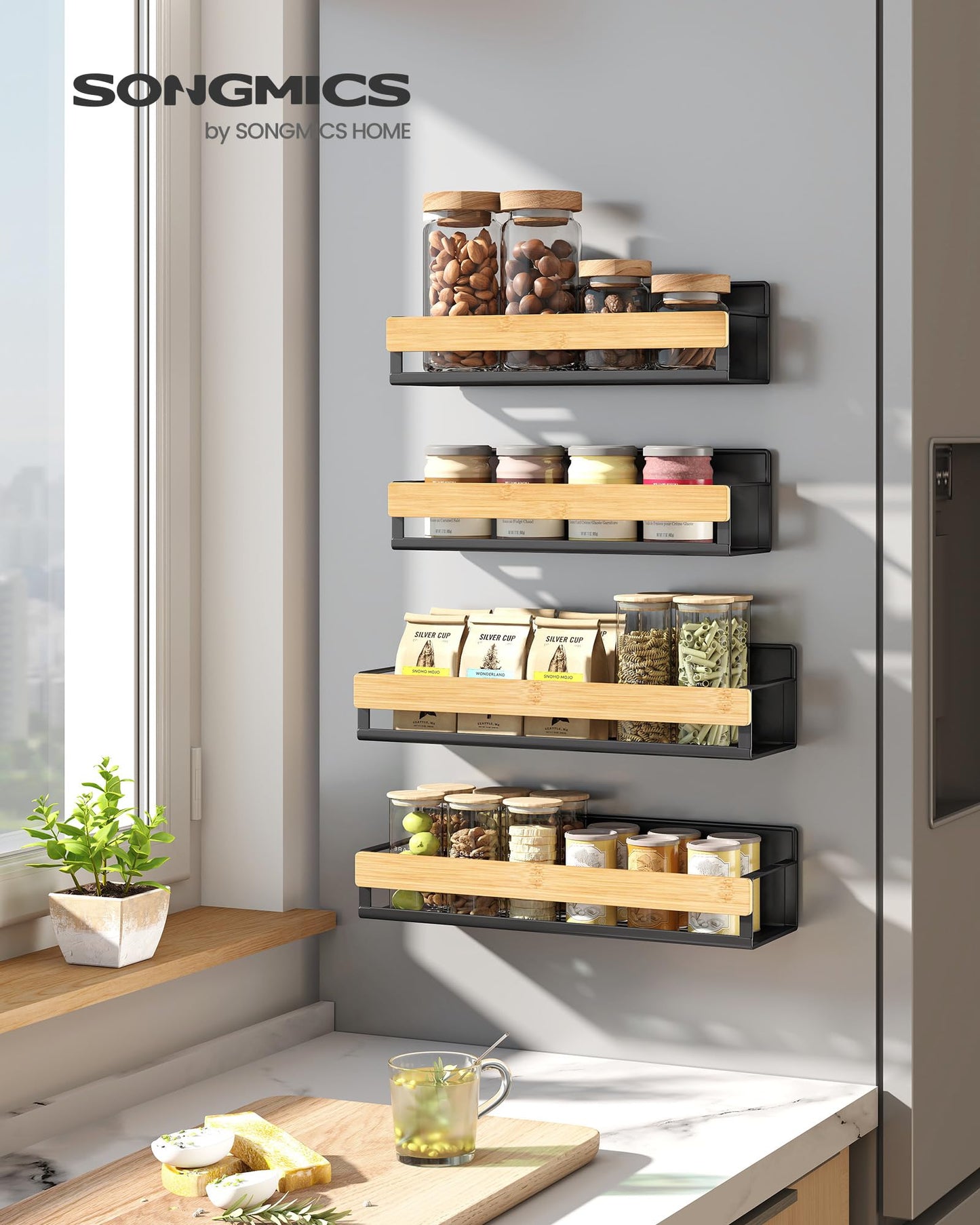 SONGMICS Magnetic Bamboo Spice Rack for Refrigerator, 4 Pack, 2 Large and 2 Small Kitchen Magnetic Shelves for Washing Machine, Spice Organizers, No Drilling Needed, Ink Black UKCS062BH01
