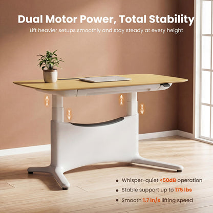 COLAMY Electric Standing Desk 55x28, Desktop Wobble-Free Dual Motor Sit Stand Up Desk with Drawers, Outlets & Footrest, Adjustable Height Computer Table for Home Office Workstation, Oak,White