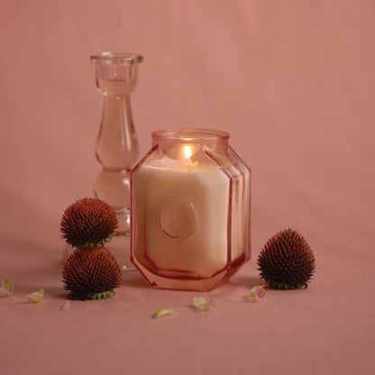 Paddywax Botanica Scented Candle with Lid in Reusable Embossed Glass Jar, Clean-Burn Soy Candle with Approx. 56 Hour Burn Time, Saffron Rose, 8 oz