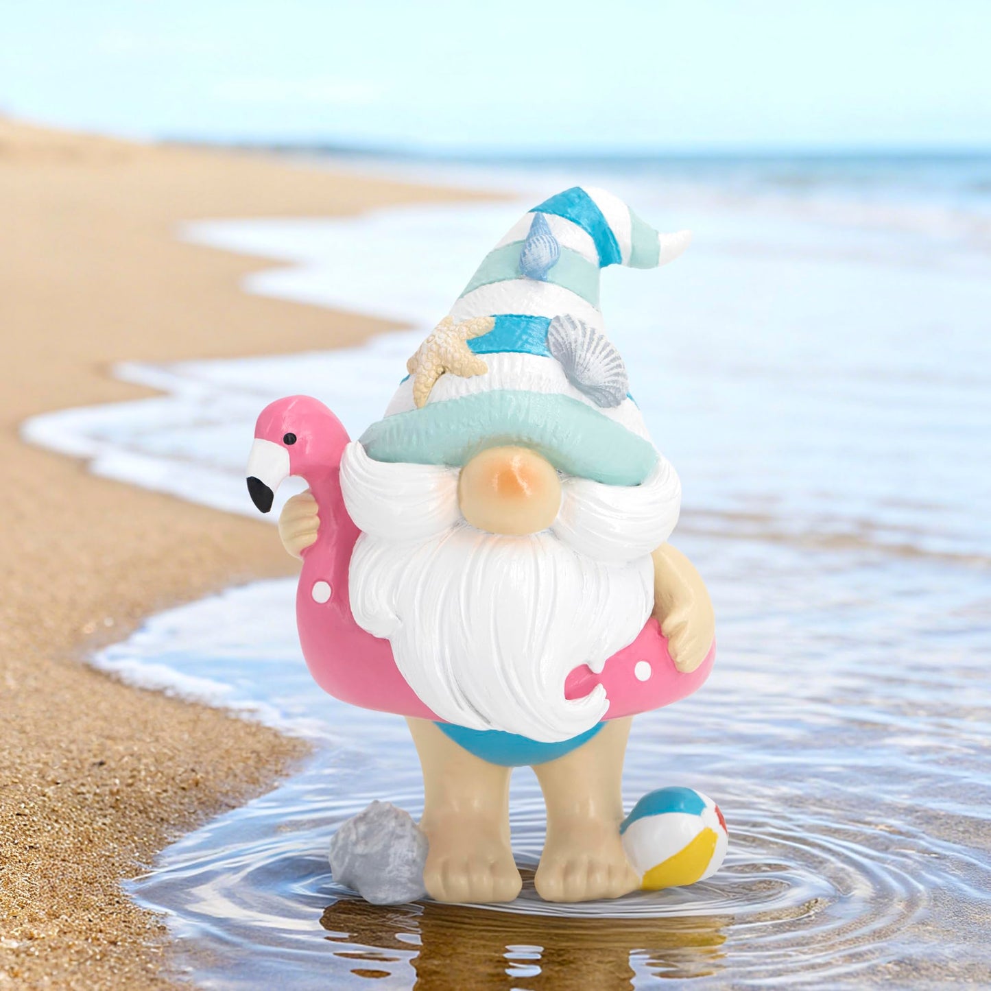 Hodao Coastal Ocean Gnome Decorations – Hand-Painted Resin Beach Gnome Figurine with Flamingo Float, Seashell Hat & Beach Ball, Summer Sea Decor Gift for Indoor Home, Bedroom & Tabletop Ornaments