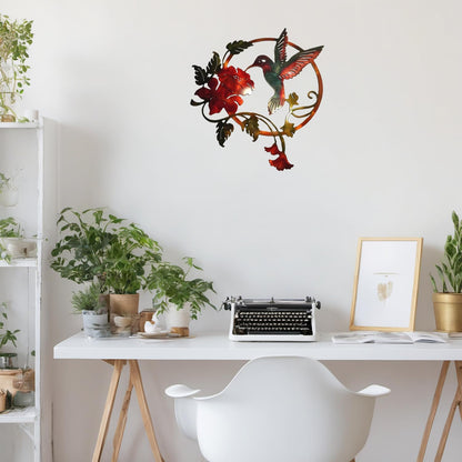 Zoihet Round Metal Bird Wall Art Decor - Hummingbird Wall Art Silhouette for your patio, garden, and fence Art Decor, Bird Wall Silhouette Indoor and Outdoor Hanging (Red)