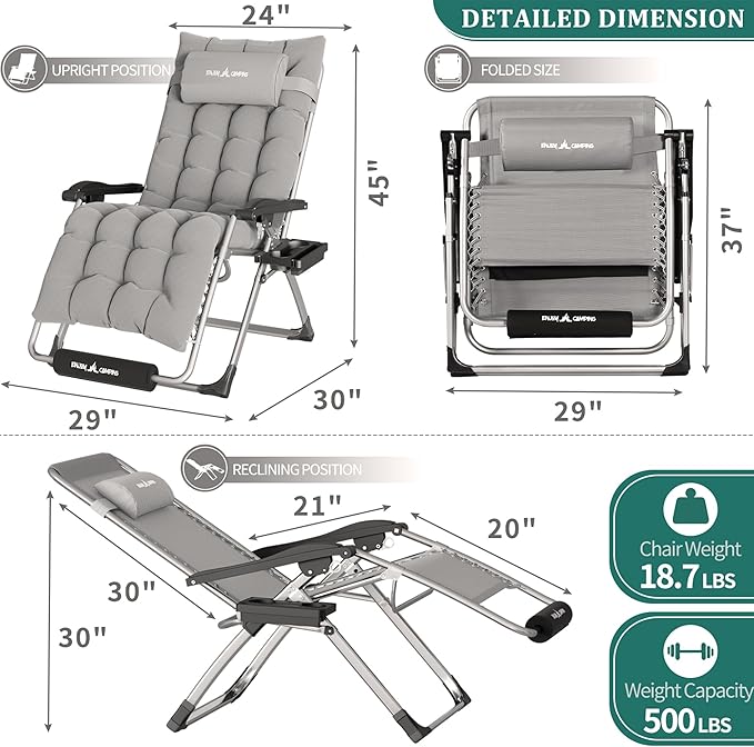 UDPATIO Oversized Zero Gravity Chair 33In XXL Patio Reclining Chair with Cushion, Outdoor Folding Recliner with Pillows, Cup Holder, Foot Rest & Padded Headrest, Support 500LB (2, Light Grey-XL)