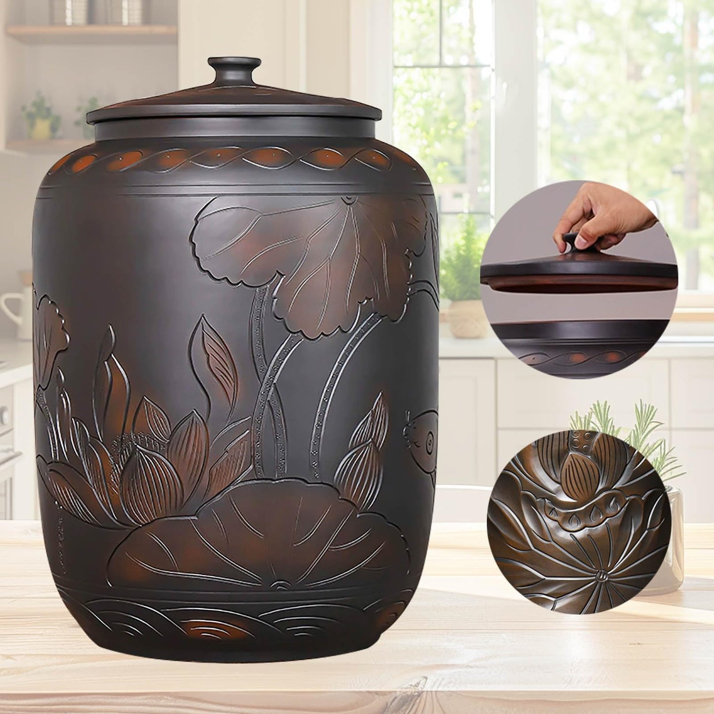 Food Storage Jar Ceramic Rice Jar with Lid 22lb 33lb 55lb Ceramic Rice Container Food Airtight Storage Jars Kitchen Sealed Jar Grain Rice Dispenser for Baking Supplies Cereal Flour Sugar(33lb)