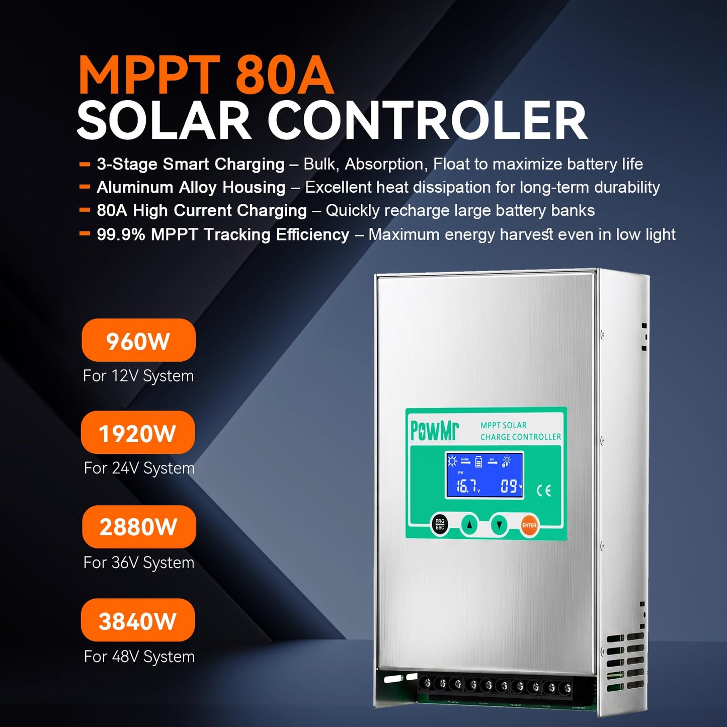 PowMr 80A MPPT Solar Charge Controller 12V 24V 36V 48V Auto, 80Amp Negative Ground Solar Panel Regulator, Aluminum Housing for LiFePO4 Lead Acid Battery, Fits RV Marine Off Grid