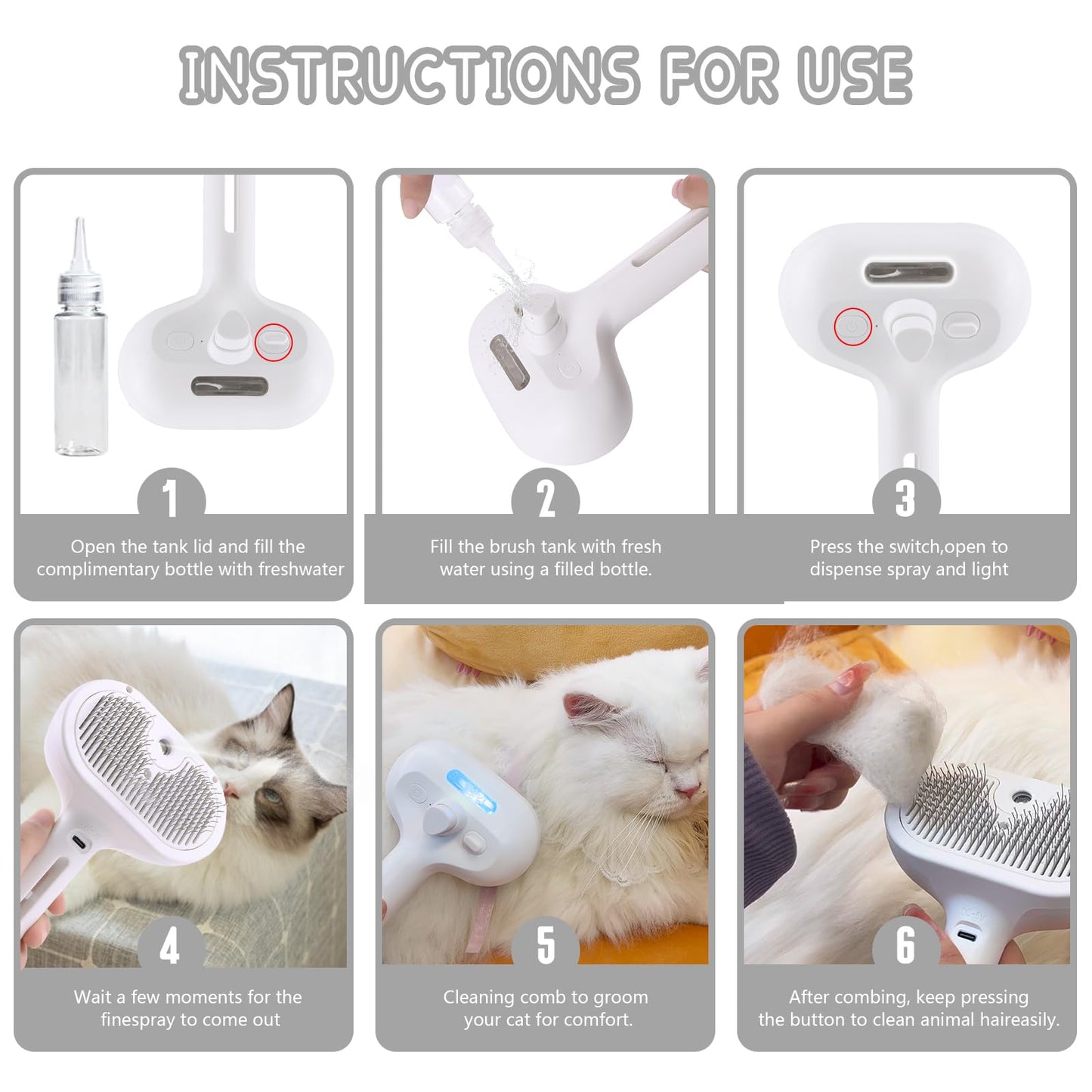 Spray Cat Pet Grooming Brush with Water Sprayer - Hair Removal Comb for Cats and Dogs, White Shedding and Bath Brush with Steam Release