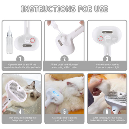 Spray Cat Pet Grooming Brush with Water Sprayer - Hair Removal Comb for Cats and Dogs, White Shedding and Bath Brush with Steam Release
