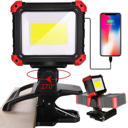 Easymaxx LED Rechargeable Work Light with Clamp, 2100LM COB Magnetic Clip on Worklight 270° Rotating with Mobile Charger, Portable Clamp Work Light for Boats, Car Repairing, Job Site Lighting