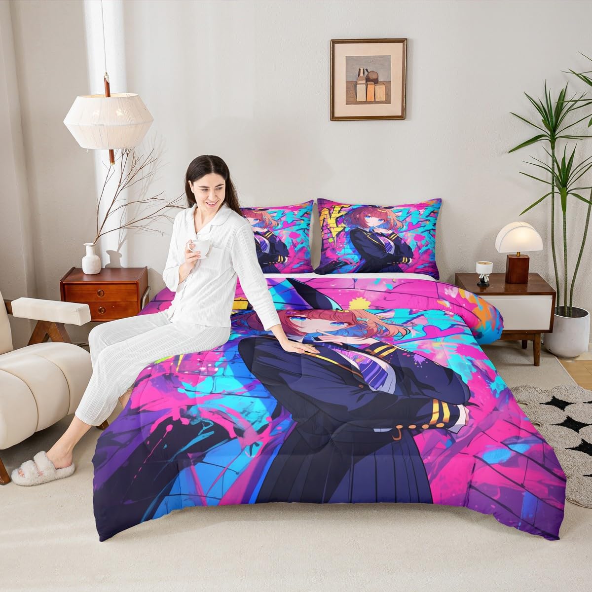 Erosebridal Girls Japanese Anime Comforter Set Twin, Kawaii Anime Girl Bedding Set Cartoon Girl Duvet Insert for Kids Teens Adult, Japanese Animation Sci Fi Style Quilt with 1 Pillow Case