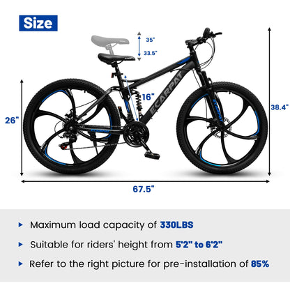 Ecarpat Full Suspension Mountain Bike 26 Inch Wheel, 21 Speed Mountain Bicycle with High-Carbon Steel and Dual Disc Brakes, Outdoor Cycling MTB Bike for Men Adult, Black