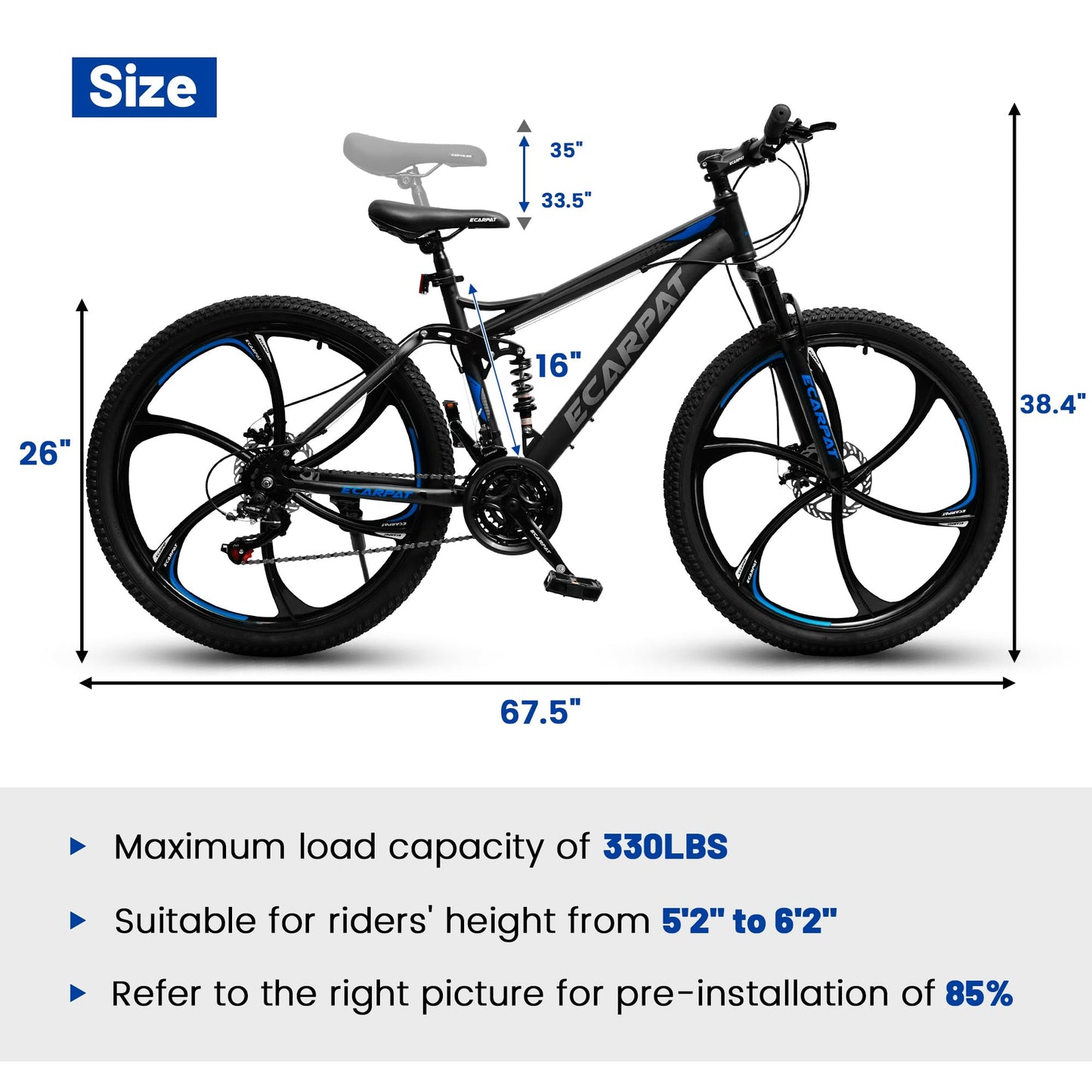 Rycheer Ecarpat 26 Inch Mountain Bike Full Suspension, 21 Speeds Dual Disc Brake, 6 Spokes Men Women Mountain Bike, Durable Carbon Steel Bicycle, Adult Trail Beach Snow Commuter City Bikes