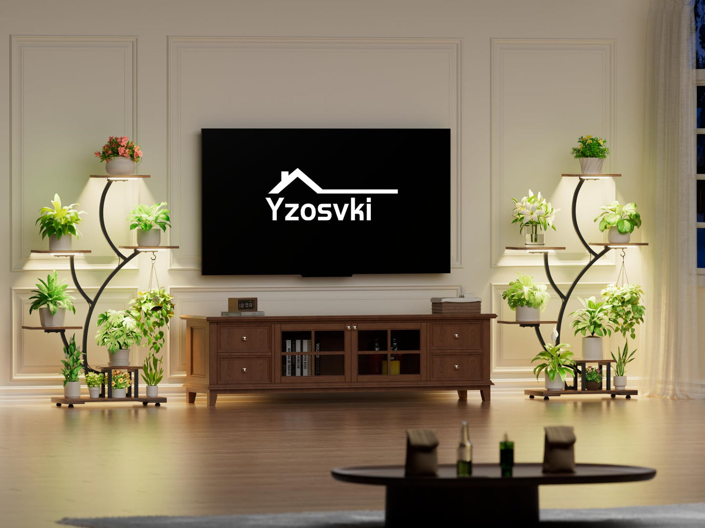 Yzosvki Plant Stand Indoor with Grow Lights, 6 Tiered Large Plant Shelf Flower Stand, Tall Plant Shelves for Living Room, Patio, Corner, Heavy Duty, Rustic Brown and Black