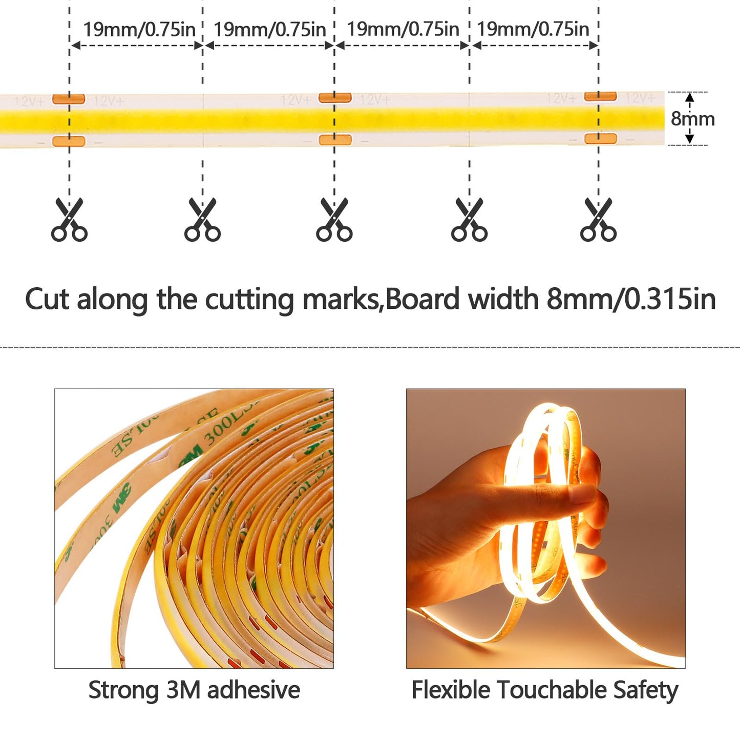 GOMING DC 12V COB LED Strip Light Warm White 3000K IP65 Waterproof 16.4ft(5M) 1560LEDs CRI 93+ Uniform Glow Flexible LED Tape Lights for DIY Bedroom Kitchen Home Decor(No Power Supply)