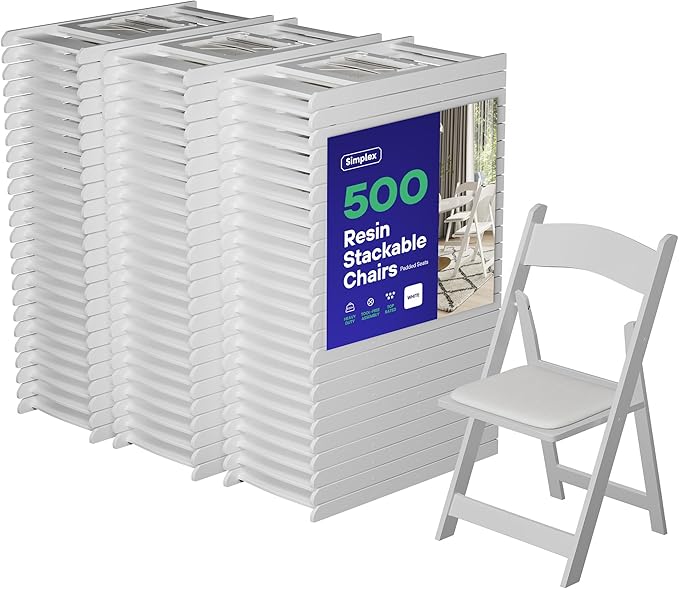 SIMPLEX 500 White Folding Chairs – Resin Stackable Foldable Chairs with Padded Seats – Comfortable White Folding Chairs for Indoor/Outdoor Events – Lightweight Resin Chairs (500 Pack)