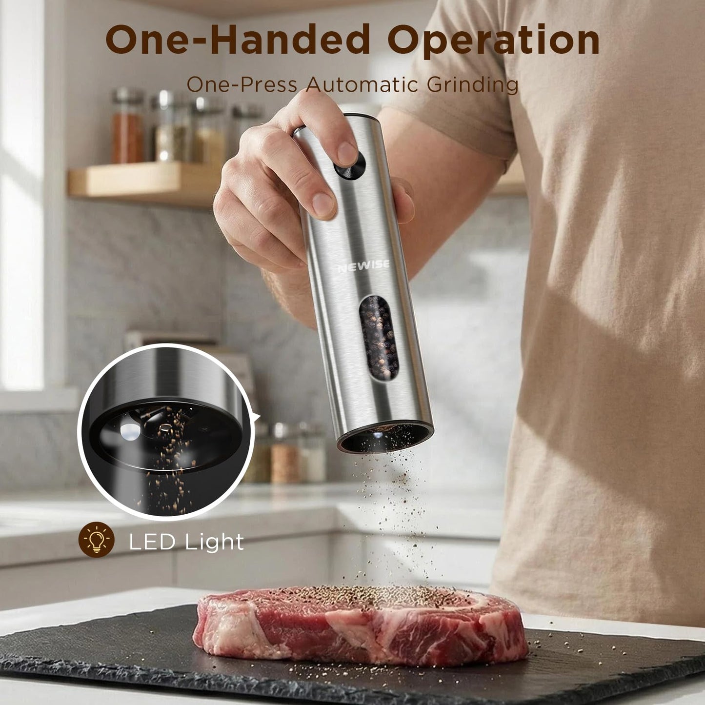 Newise Electric Salt and Pepper Grinder Set - Charging Base, Automatic Rechargeable Pepper Mill with Adjustable Coarseness, LED Lights, Large Capacity, Kitchen Appliance for Mom Wife