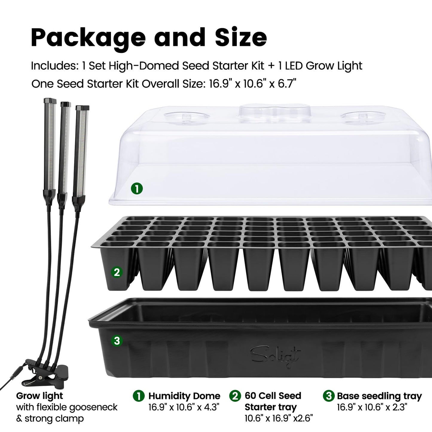 SOLIGT 60 Cell Seed Starter Trays with Grow Light, Seed Starter Kit with 4.3“ Higher Humidity Domes, Full Spectrum Seedling Light with 8/12/18H Timer for Seed Starting, Seedling Growing