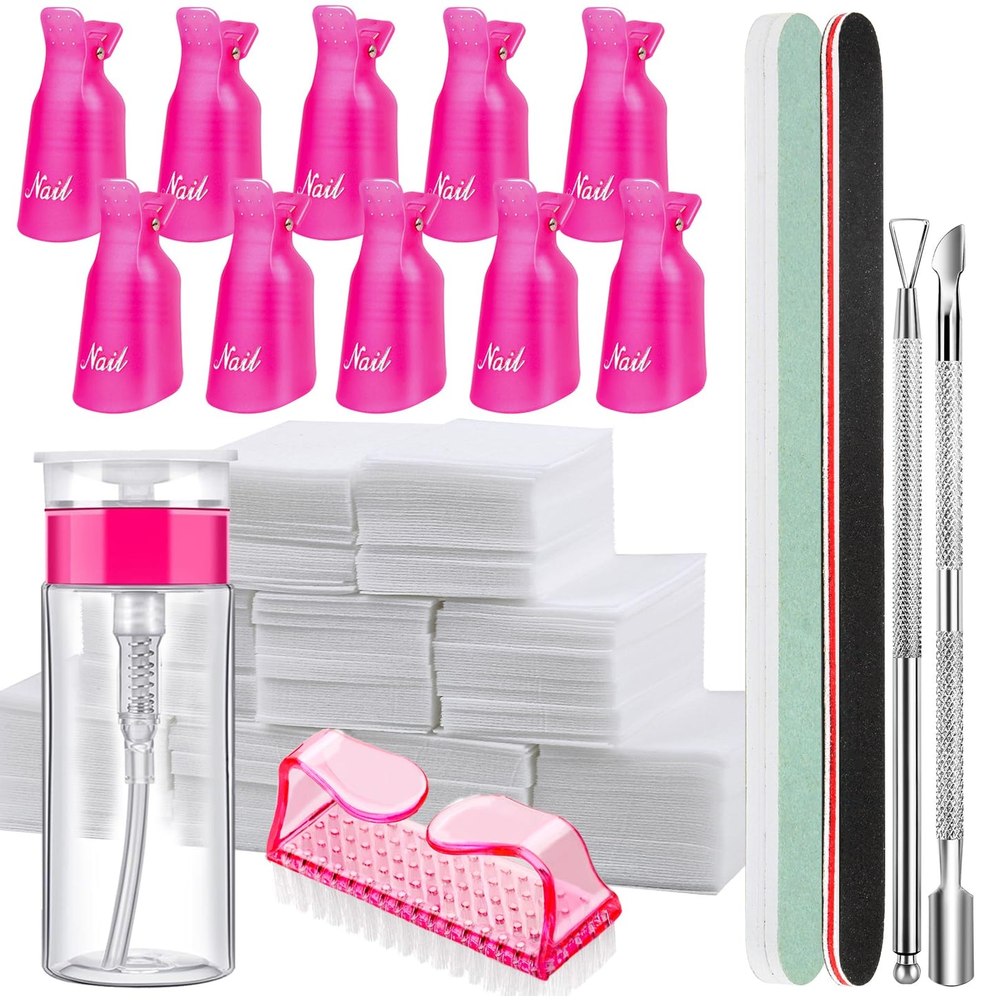 FANDAMEI Nail Polish Gel Remover Tools Kit with Nail Clips, 100ml Nail Polish Remover Bottle, 500 Nail Remover Cotton Pad, Nail Brush, Cuticle Pusher/Peeler, 100/180 Nail File,Buffer Block