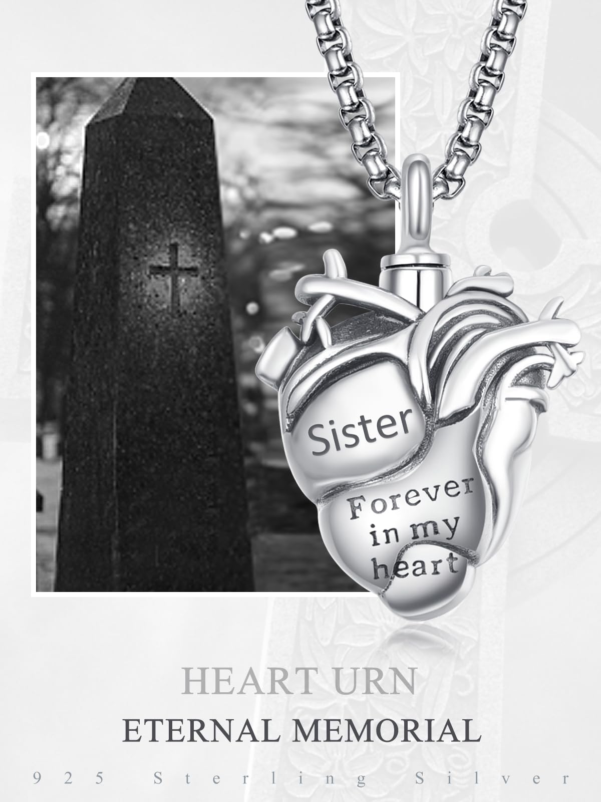 Anatomical Heart Urn Necklaces for Ashes Sterling Silver Ash Pendants Cremation Jewelry Sister Keepsake Pendant Memorial Jewelry Gifts for Loss of Sister
