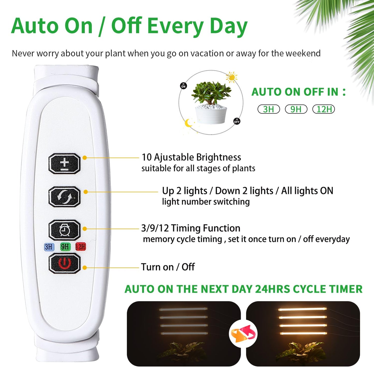 RWNTAO LED Plant Growing Lamp, 3500K Full Spectrum Grow Light Strips for Indoor Plants with 3/9/12H Timer & 10 Dimmable Levels, Led Growth Light for Green House Hydroponics Succulent 13In 4Head