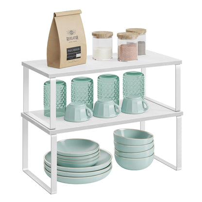SONGMICS Cabinet Organizer Shelf, Set of 4 Kitchen Counter Shelves, Kitchen Storage, Spice Rack, Stackable, Expandable, Metal and Engineered Wood, Cloud White and Natural Beige UKCS010N01