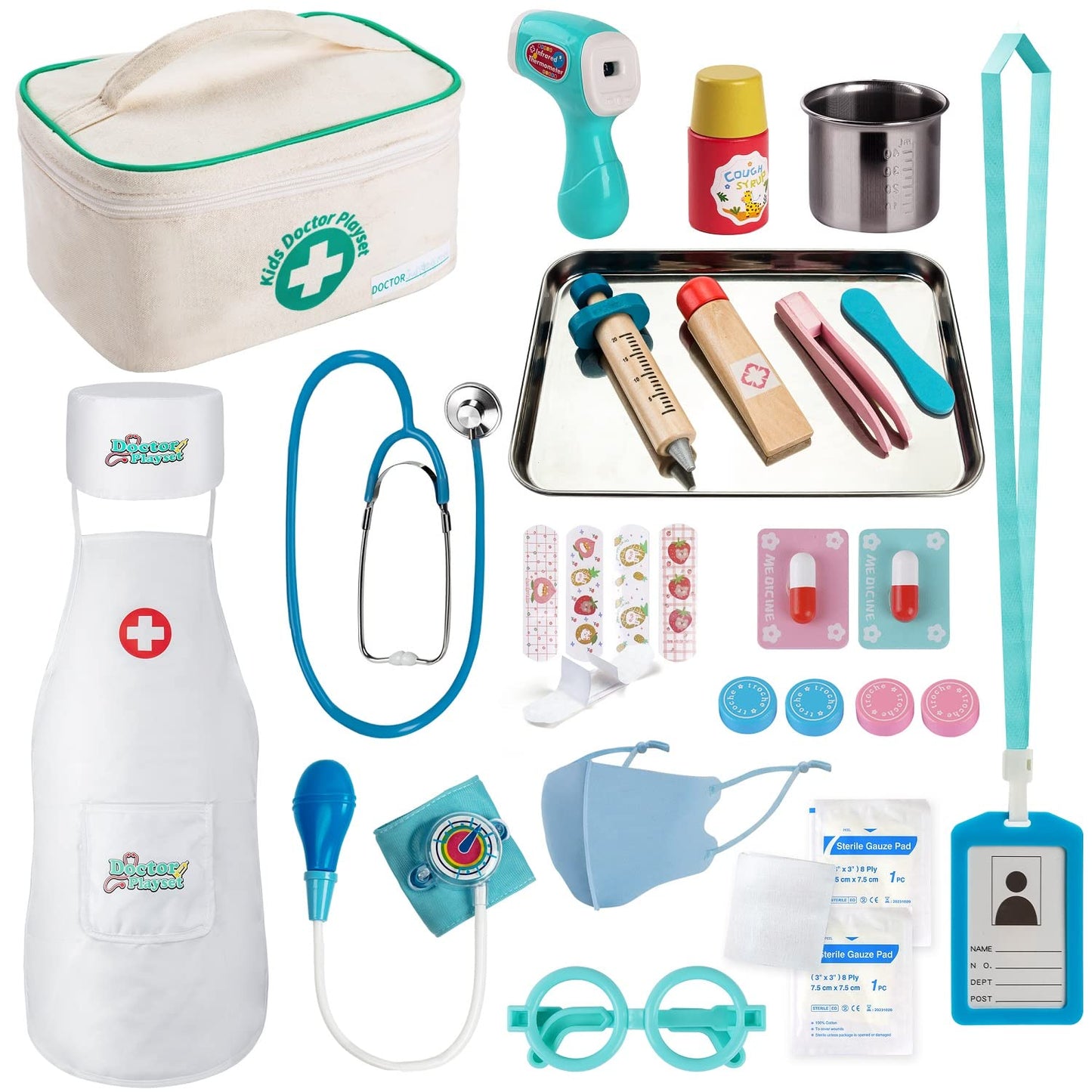 EFO SHM Kids Doctor Sets Role Play Toys Dentist Doctor's Case Children's Medical Wooden Toy with Real Stethoscope Doctor's Coat for Boys Girls