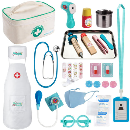 EFO SHM Kids Doctor Sets Role Play Toys Dentist Doctor's Case Children's Medical Wooden Toy with Real Stethoscope Doctor's Coat for Boys Girls