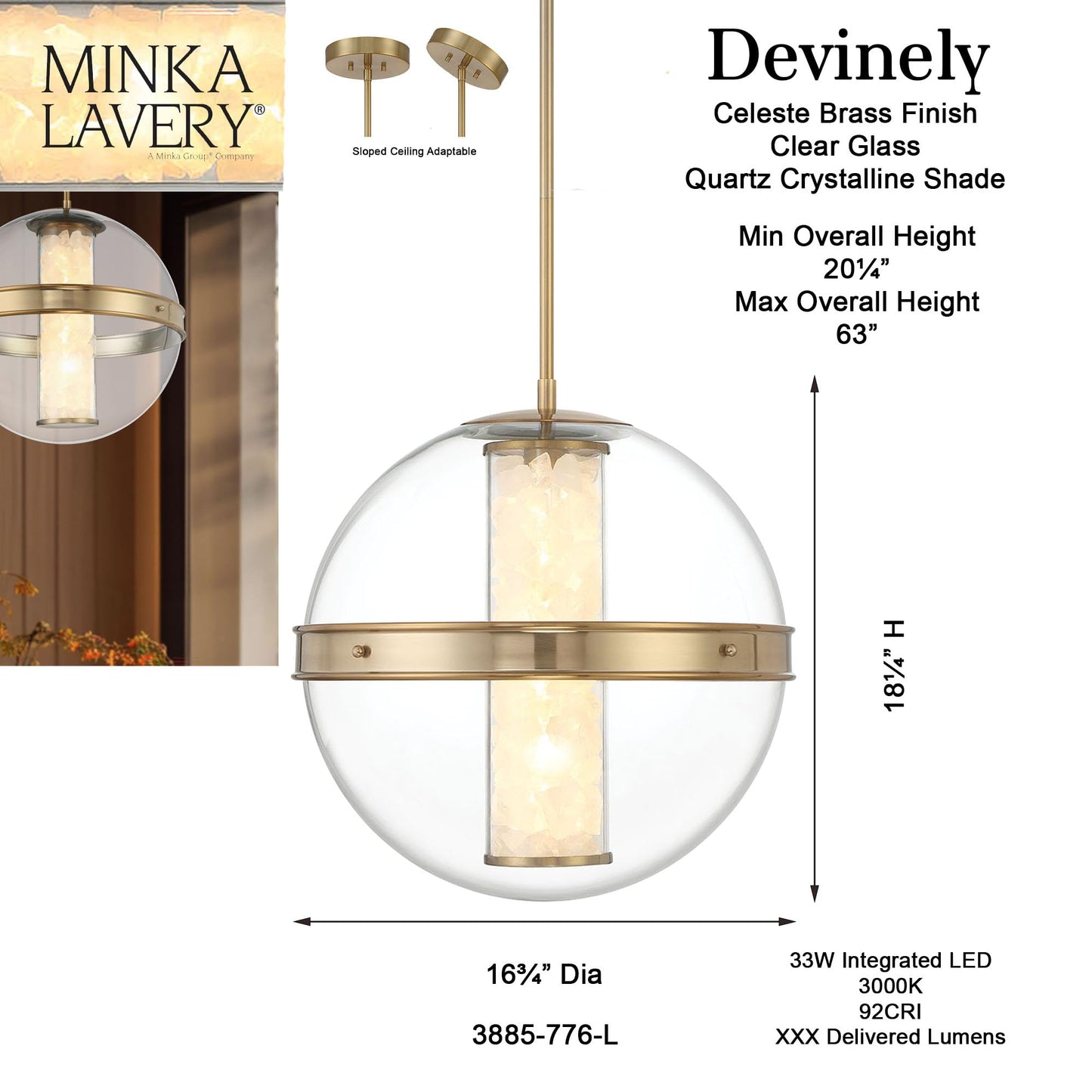 Minka Lavery 3885-776-L Divinely Clear Glass Acrylic/Quartz Crystalline LED Orb Pendant Ceiling Light, 1-Light 33 Watt, 19" H x 17" W, Celeste Brass