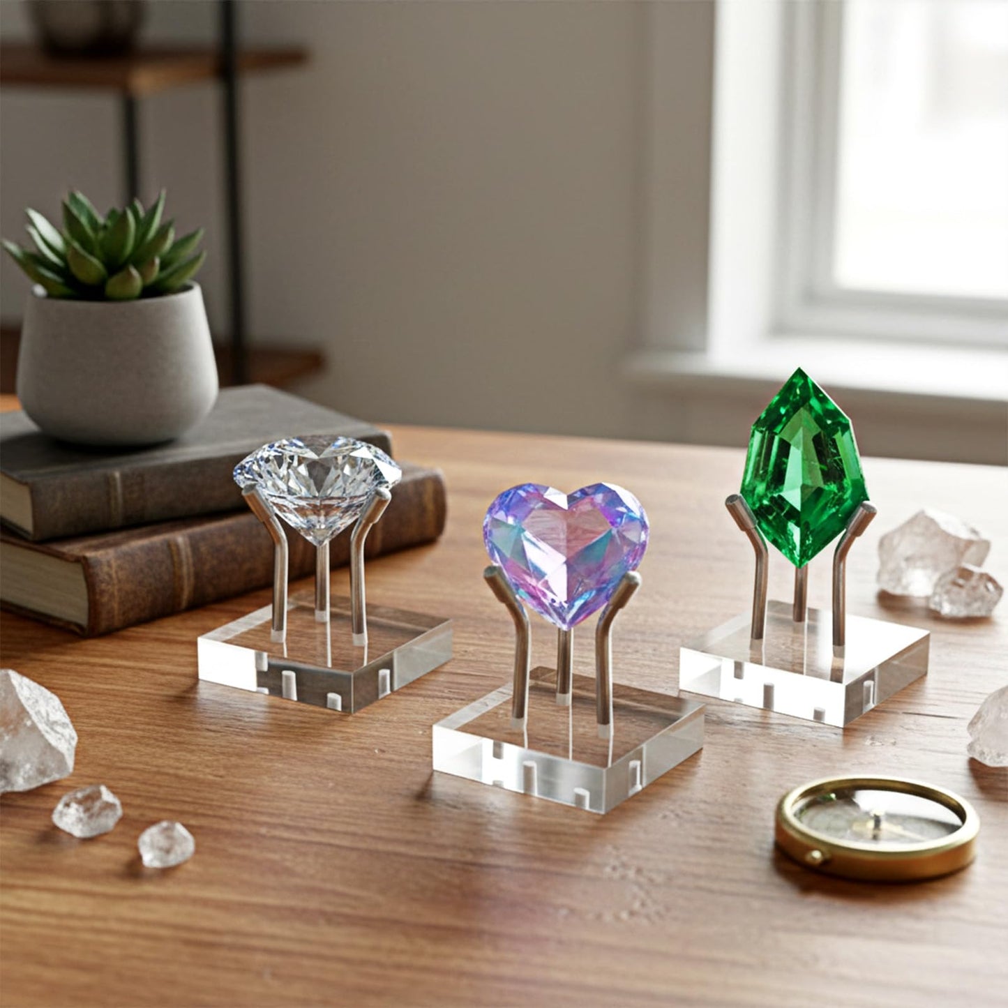 AOZUO 12 Pack Rock Display Stands, Stainless Steel 3 Pegs Rock Display Easel Stands, Clear Acrylic Base Display for Fossil Coral Crystal Geodes Mineral Agate Small Collectibles